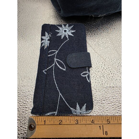 Floral Embroidered Denim Handbag With Zipper Closure & Matching Wallet Set - Picture 16 of 16